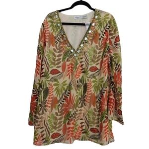 Santé Womens Fall Leaves Print Jeweled V-Neck Tunic Top Plus Size 2X Long Sleeve